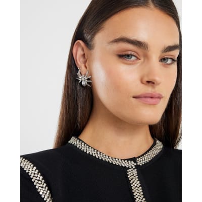 Silver diamante spider stud earrings