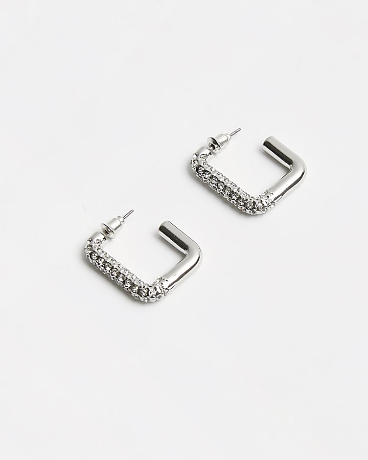 Silver diamante square hoop earrings