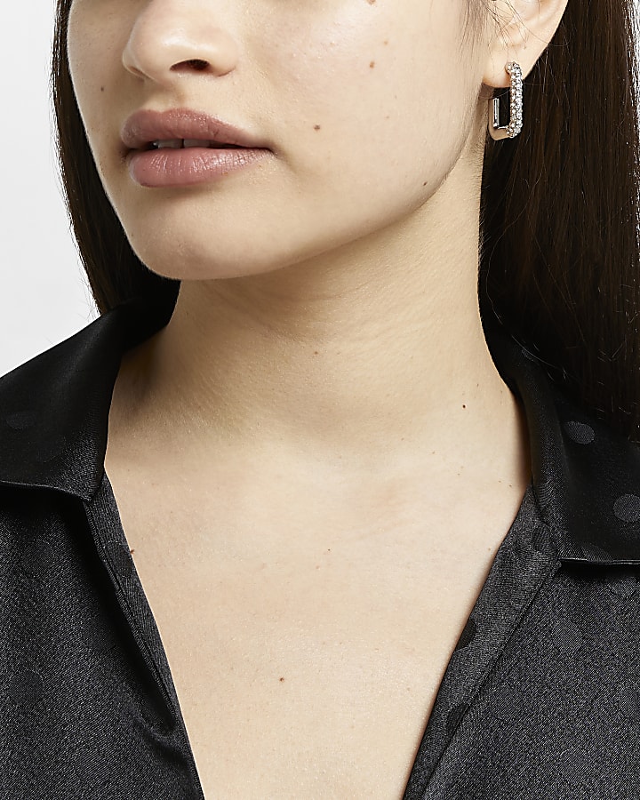 Silver diamante square hoop earrings