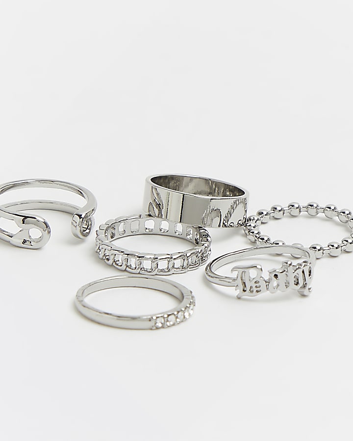 Silver diamante stacking rings multipack