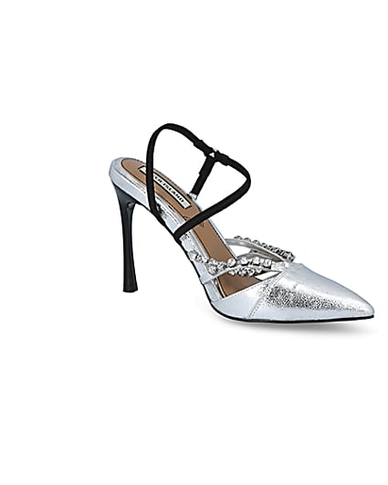 360 degree animation of product Silver diamante strappy court shoes frame-17