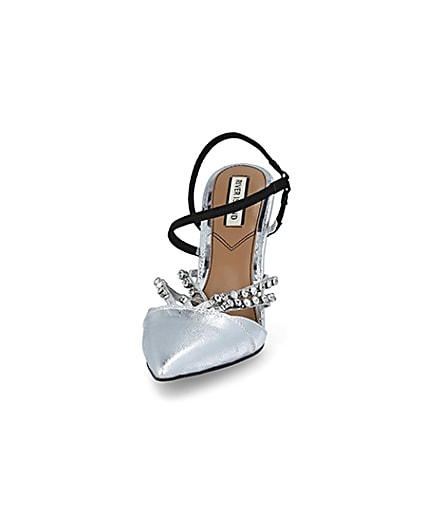 360 degree animation of product Silver diamante strappy court shoes frame-22