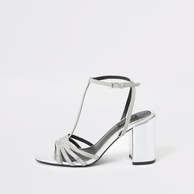 silver diamante block heel shoes
