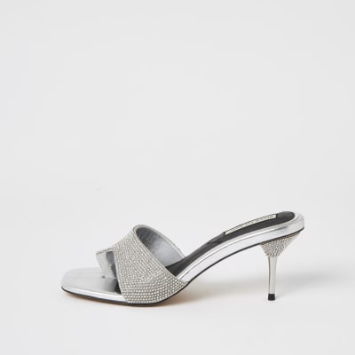 Silver diamante toe loop mule sandals 