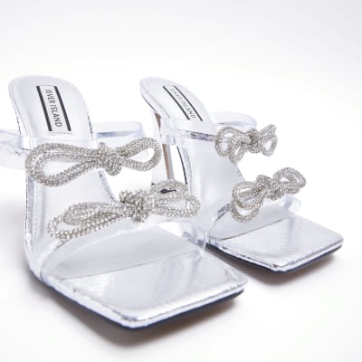 Silver Double Strap Bow Perspex Mules | River Island