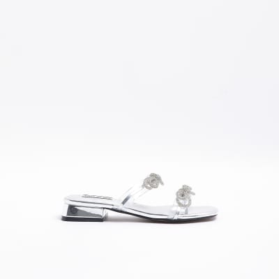 Silver embellished bow slides River Island