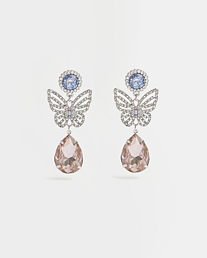 Silver embellished butterfly drop earrings