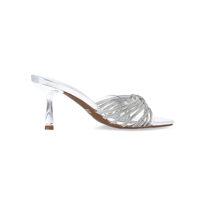 360 degree animation of product Silver embellished heeled mule shoes frame-14