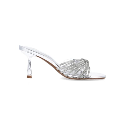 360 degree animation of product Silver embellished heeled mule shoes frame-15