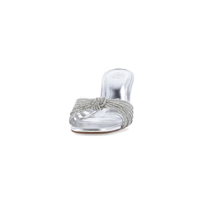 360 degree animation of product Silver embellished heeled mule shoes frame-22