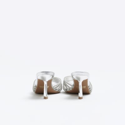 Silver embellished heeled mule shoes River Island