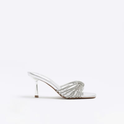 Silver embellished heeled mule shoes River Island