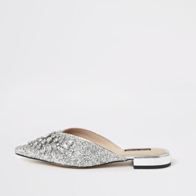 Silver embellished pointed toe sandals | River Island