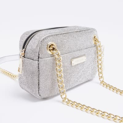 River Island – Eckige Clutch-Tasche in Silber mit Glitzerstein-Detail