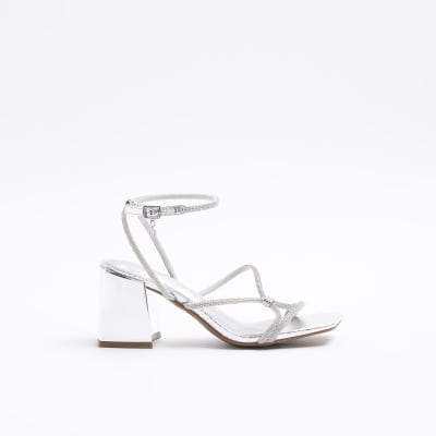 Silver embellished strap heeled sandals | River Island