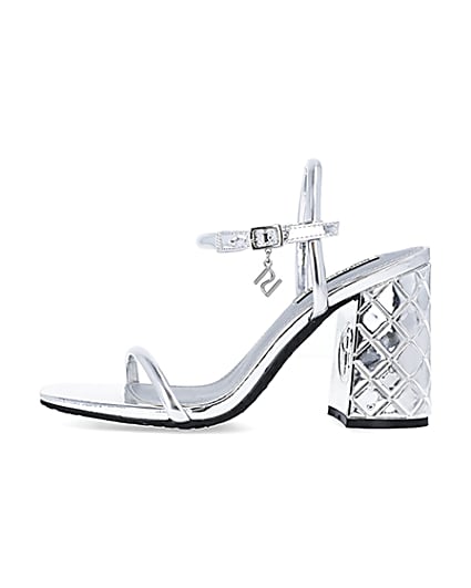 360 degree animation of product Silver embossed heeled strappy sandals frame-3