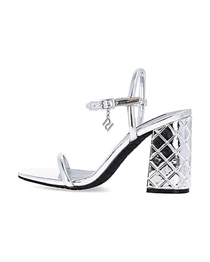360 degree animation of product Silver embossed heeled strappy sandals frame-4