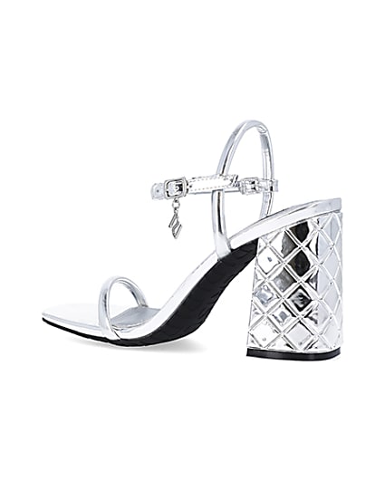 360 degree animation of product Silver embossed heeled strappy sandals frame-5