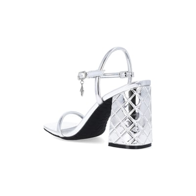 Silver embossed heeled strappy sandals River Island