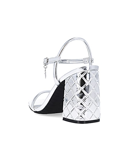 360 degree animation of product Silver embossed heeled strappy sandals frame-7