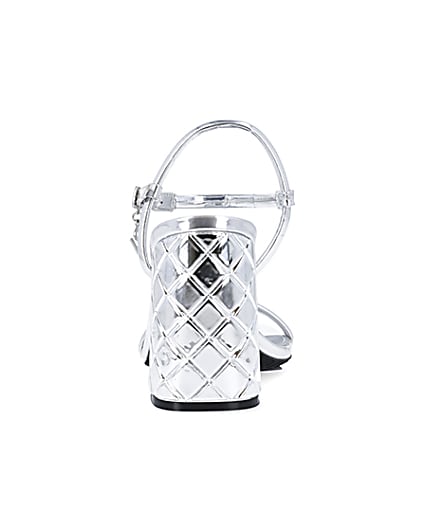 360 degree animation of product Silver embossed heeled strappy sandals frame-9