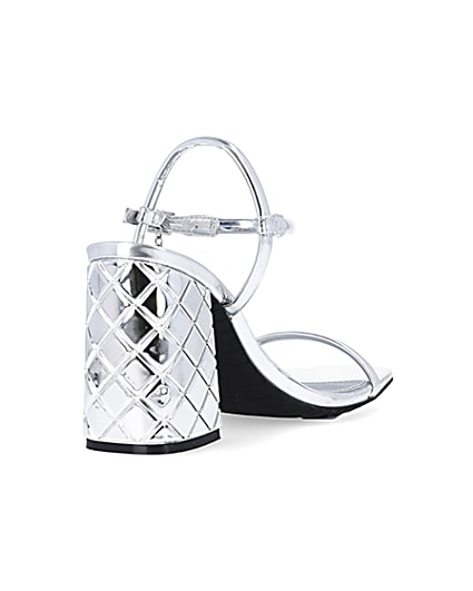 360 degree animation of product Silver embossed heeled strappy sandals frame-11