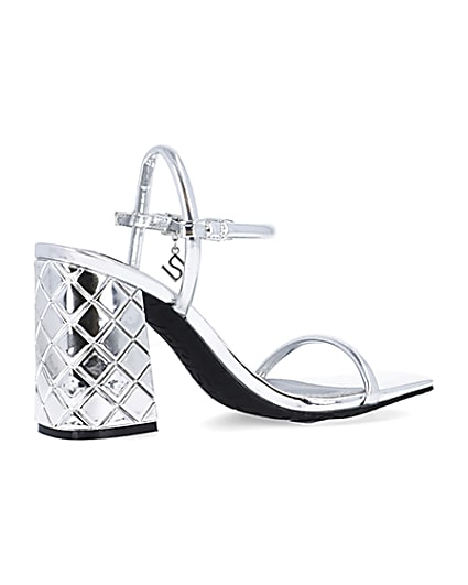 360 degree animation of product Silver embossed heeled strappy sandals frame-13