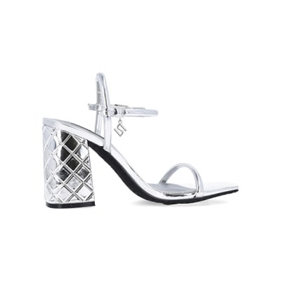 Silver embossed heeled strappy sandals River Island