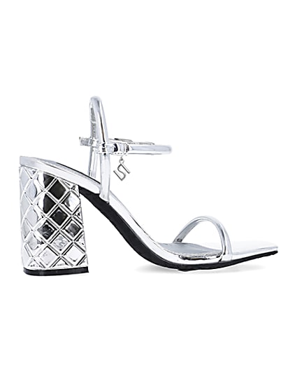 360 degree animation of product Silver embossed heeled strappy sandals frame-14
