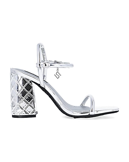 360 degree animation of product Silver embossed heeled strappy sandals frame-15