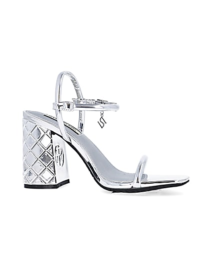 360 degree animation of product Silver embossed heeled strappy sandals frame-16