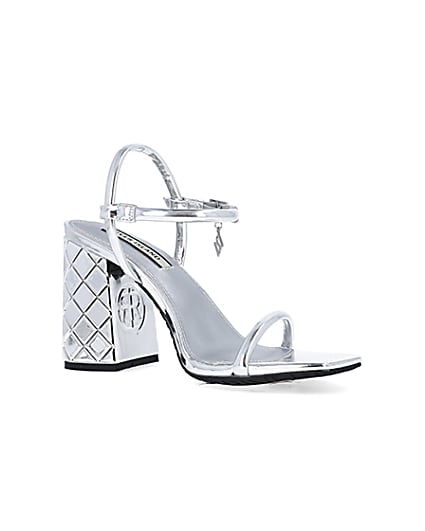 360 degree animation of product Silver embossed heeled strappy sandals frame-17