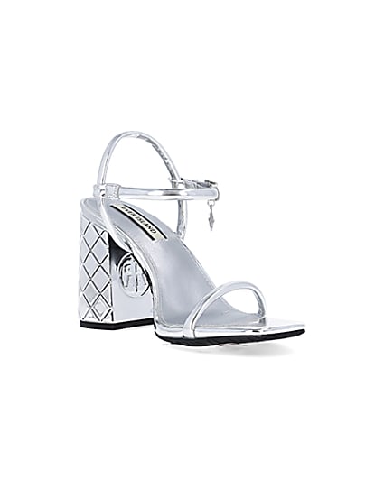 360 degree animation of product Silver embossed heeled strappy sandals frame-18