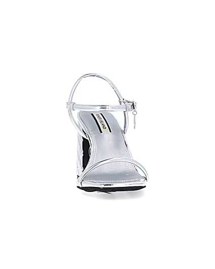 360 degree animation of product Silver embossed heeled strappy sandals frame-20