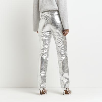 Silver faux leather straight leg trousers | River Island