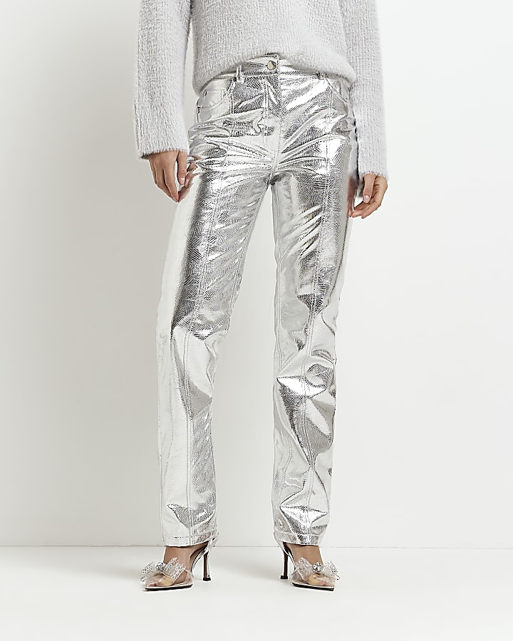 Silver faux leather straight leg trousers | River Island