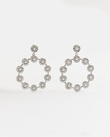 Silver faux peal drop hoop earrings