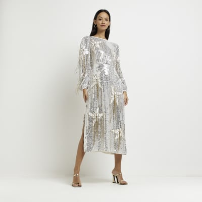 SEQUIN MIDI DRESS - Silver