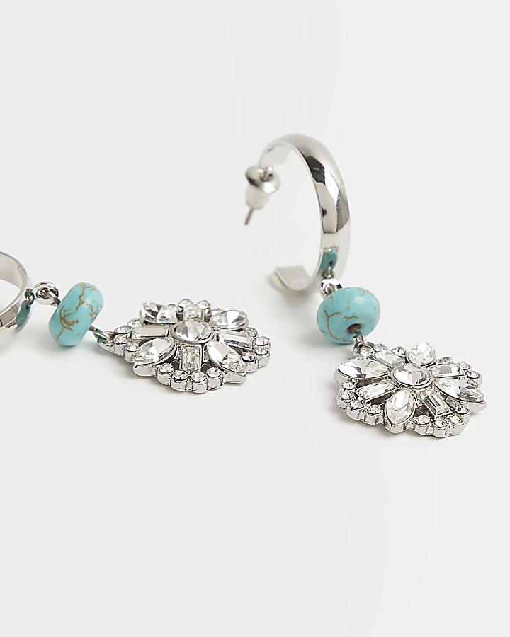 Silver flower drop hoop earrings