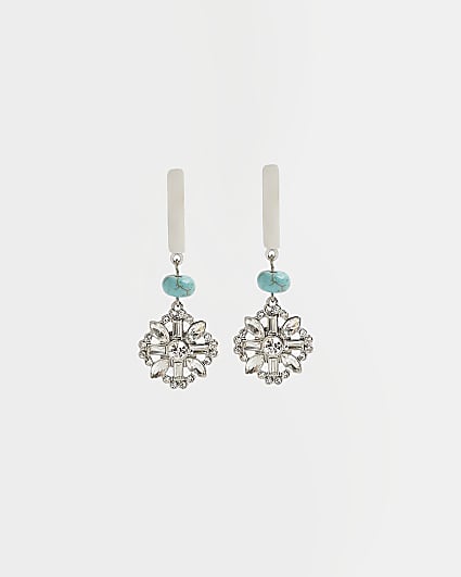 Silver flower drop hoop earrings