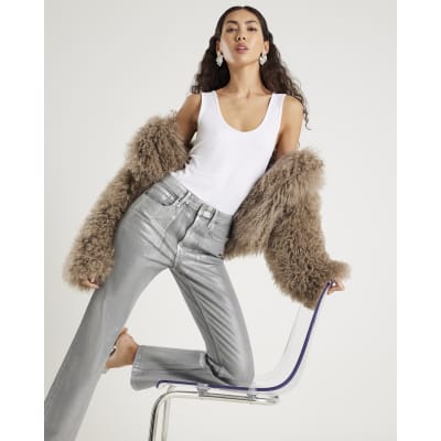 Silver Foil Coated Stretch Straight Leg Jeans