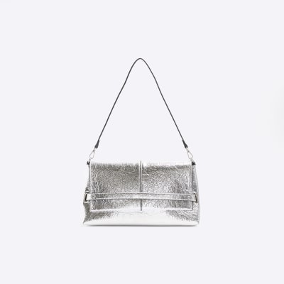 Silver fold over clutch bag River Island