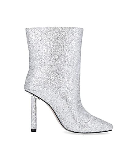 360 degree animation of product Silver glitter heeled ankle boots frame-15