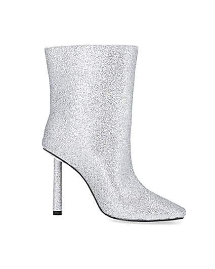 360 degree animation of product Silver glitter heeled ankle boots frame-16