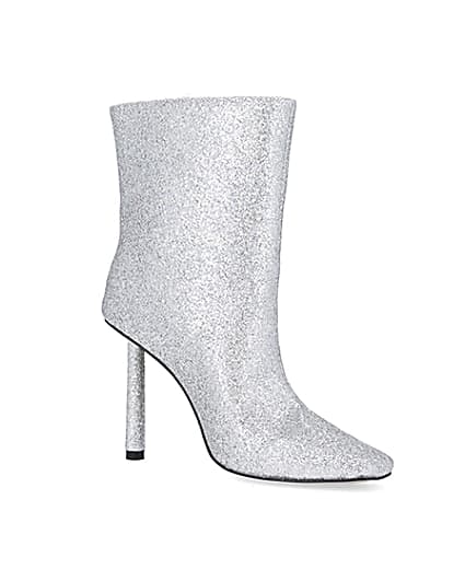 360 degree animation of product Silver glitter heeled ankle boots frame-17
