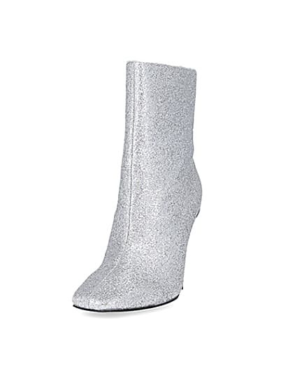 360 degree animation of product Silver glitter heeled ankle boots frame-23