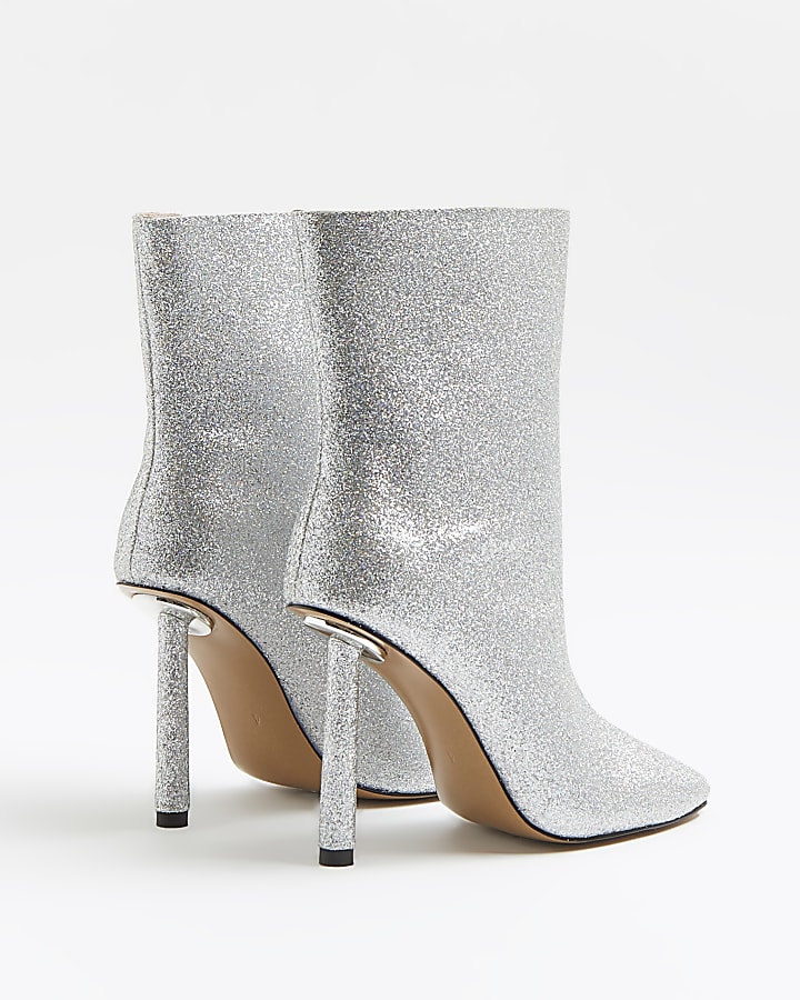 Silver glitter heeled ankle boots