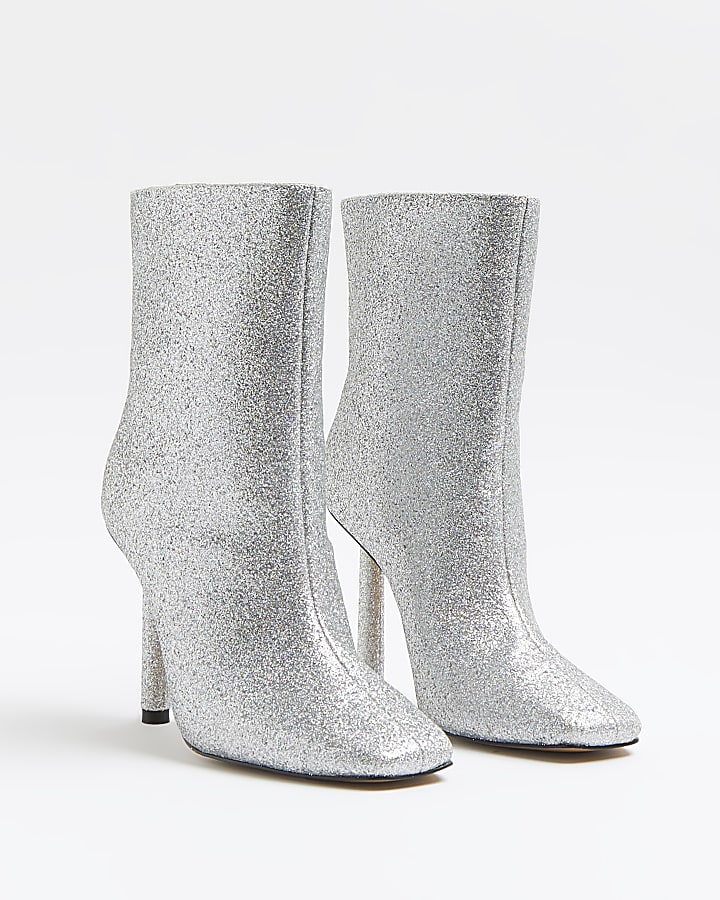 Silver glitter heeled ankle boots