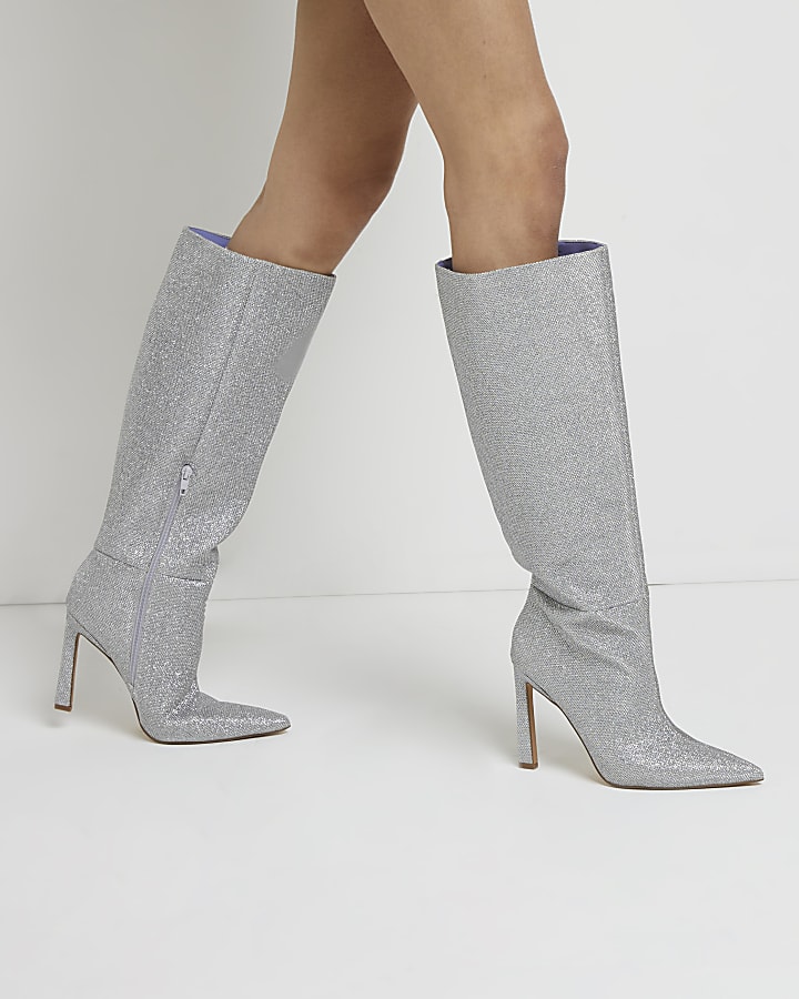 Silver glitter knee high heeled boots