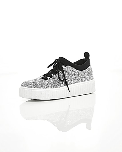 360 degree animation of product Silver glitter lace up creeper trainers frame-0